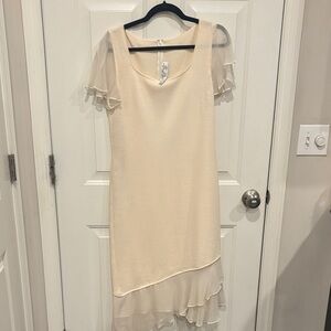 St. John Cream Asymmetrical Dress with Sheer Sleeves